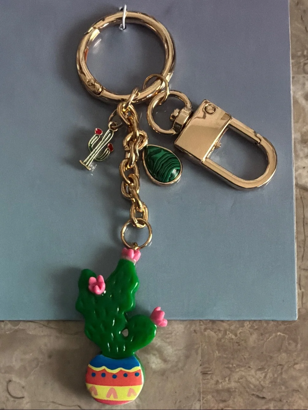 CROCS Green Cactus Bag Charm with Pink Flowers & Gold Hardware